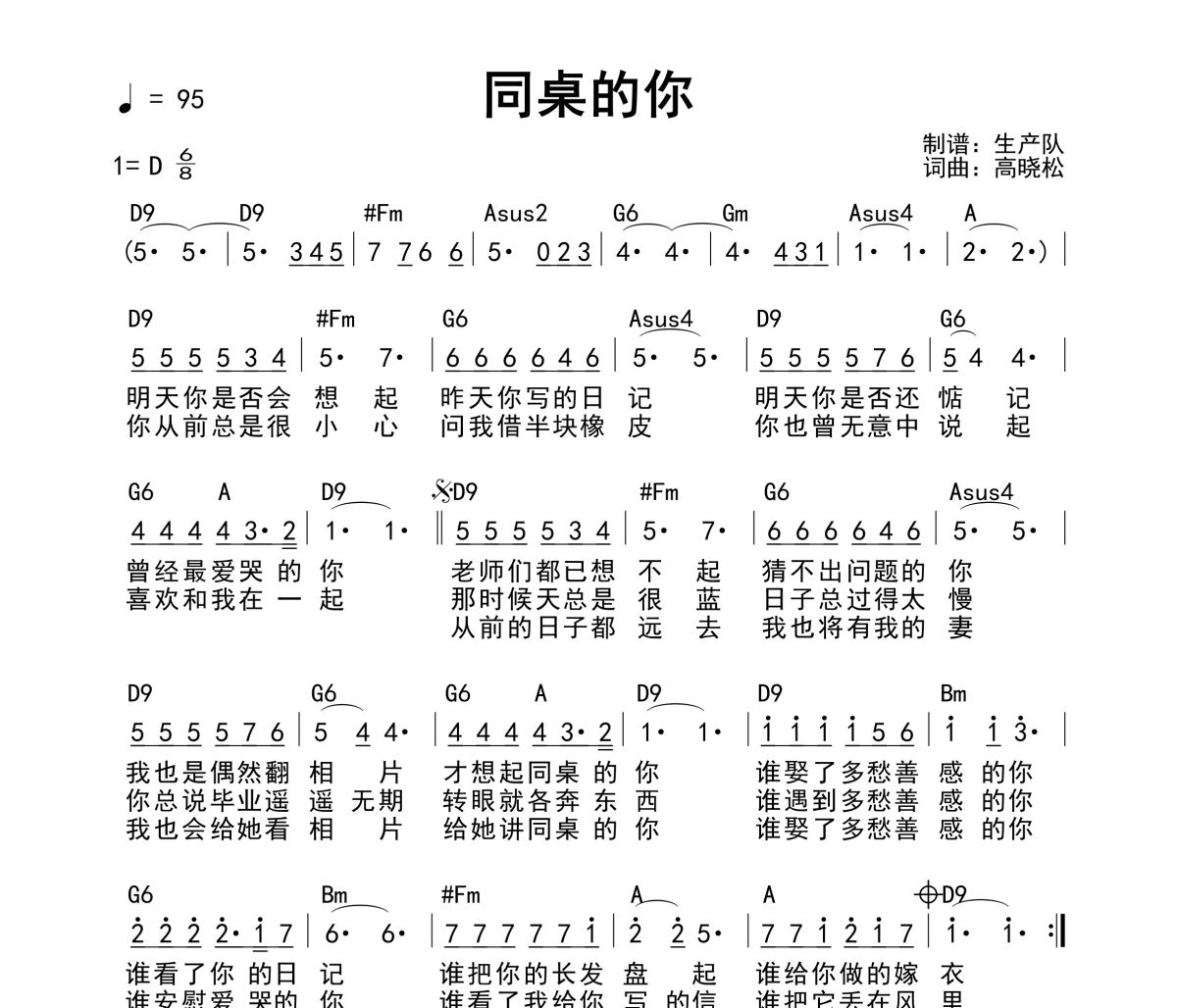 同桌的你吉他谱 老狼《同桌的你》(和弦谱)六线谱|吉他谱