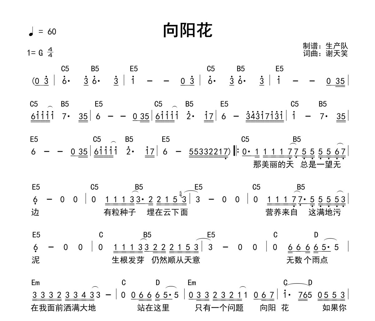 向阳花吉他谱 谢天笑-向阳花(和弦谱)六线谱G调吉他谱