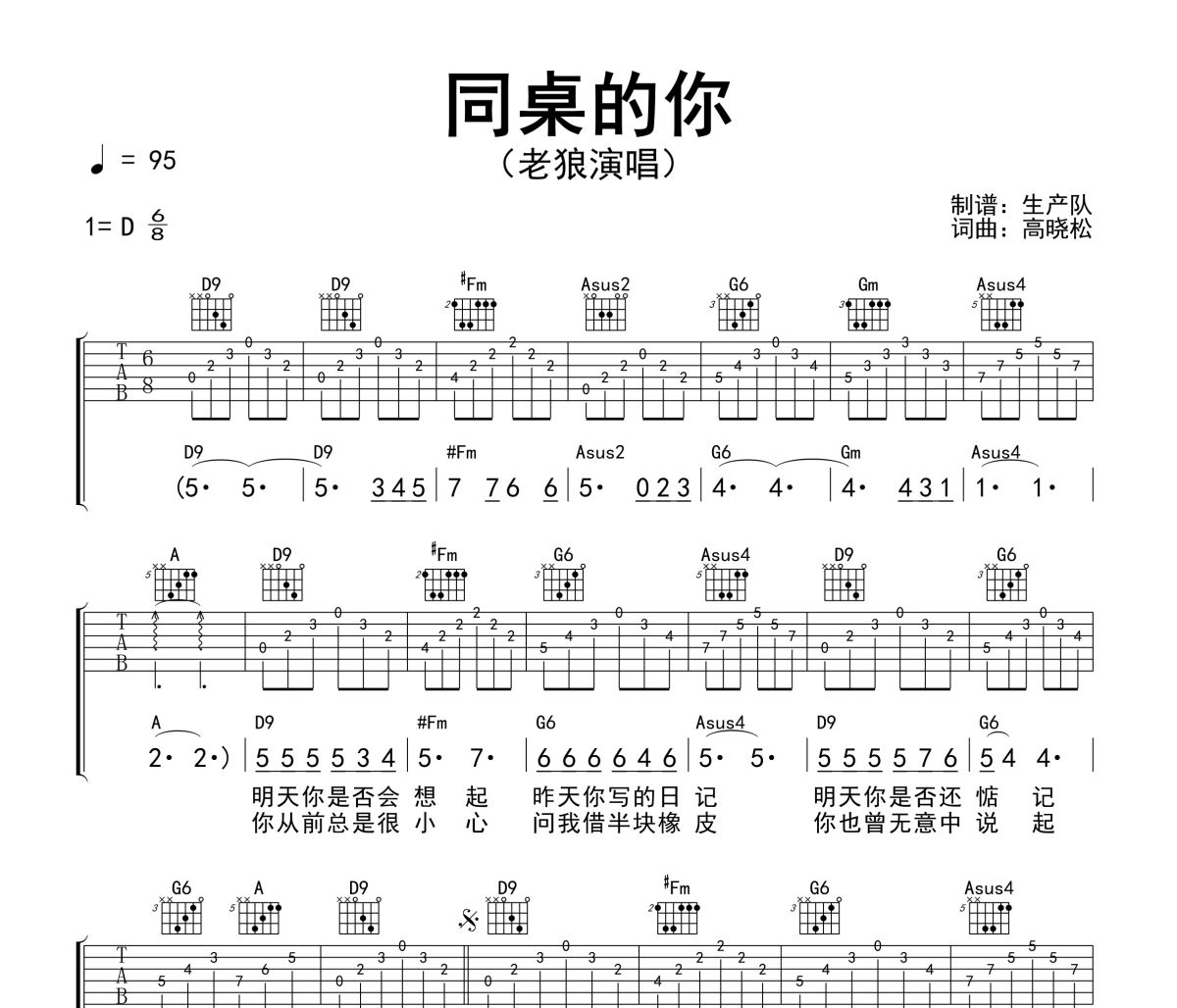 同桌的你吉他谱 老狼《同桌的你》六线谱D调吉他谱