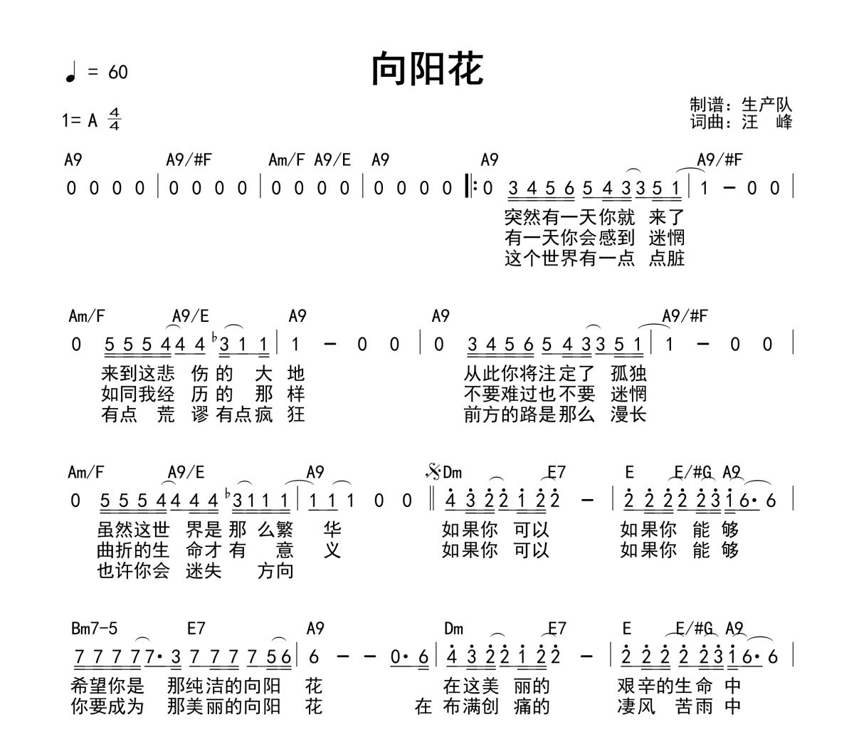 向阳花吉他谱 汪峰《向阳花》(和弦谱)六线谱A调吉他谱