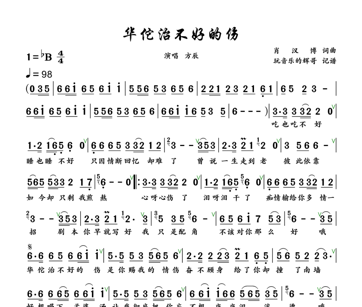 华佗治不好的伤简谱 方辰《华佗治不好的伤》简谱+动态视频降B调