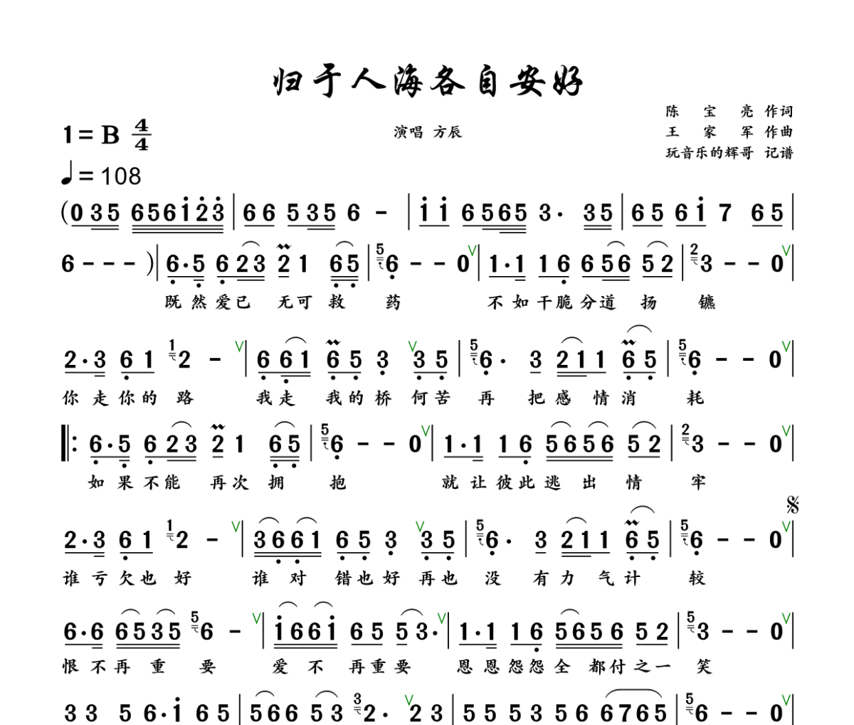 归于人海各自安好简谱 方辰《归于人海各自安好》简谱+动态视频B调