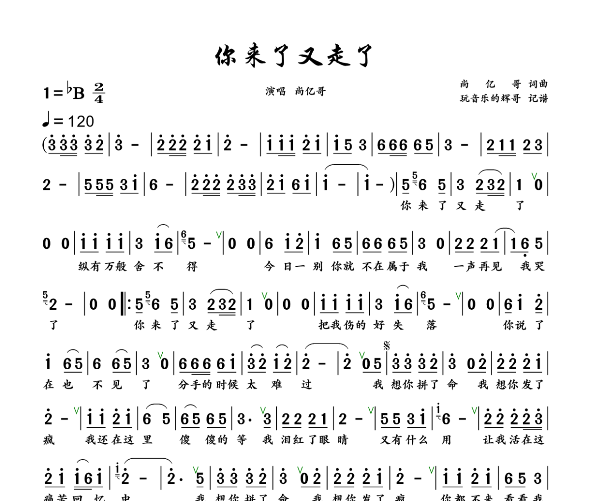 你来了又走了dj伟伟版简谱 尚亿哥《你来了又走了dj伟伟版》简谱+动态视频降B调