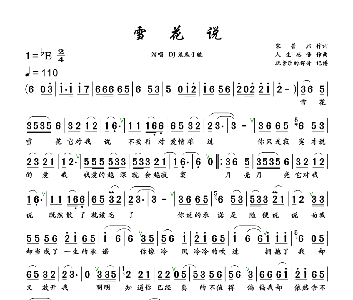雪花说简谱 DJ鬼鬼于航《雪花说》简谱+动态视频降E调