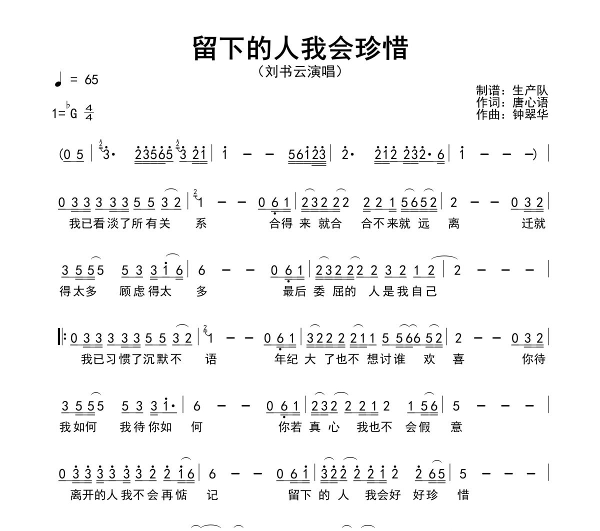 留下的人我会珍惜简谱 刘书云《留下的人我会珍惜》简谱降G调