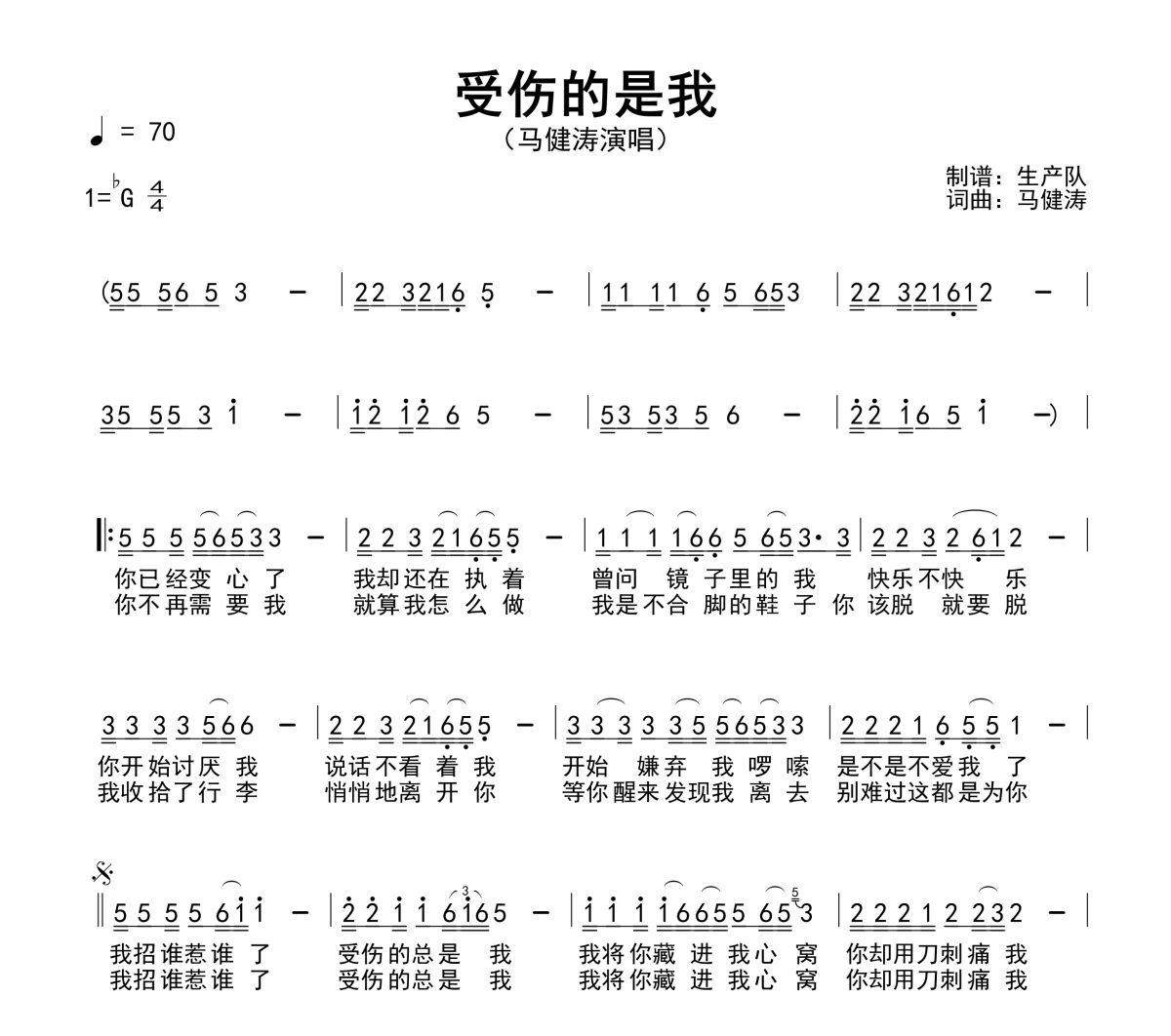 受伤的是我简谱 马健涛《受伤的是我》简谱降G调