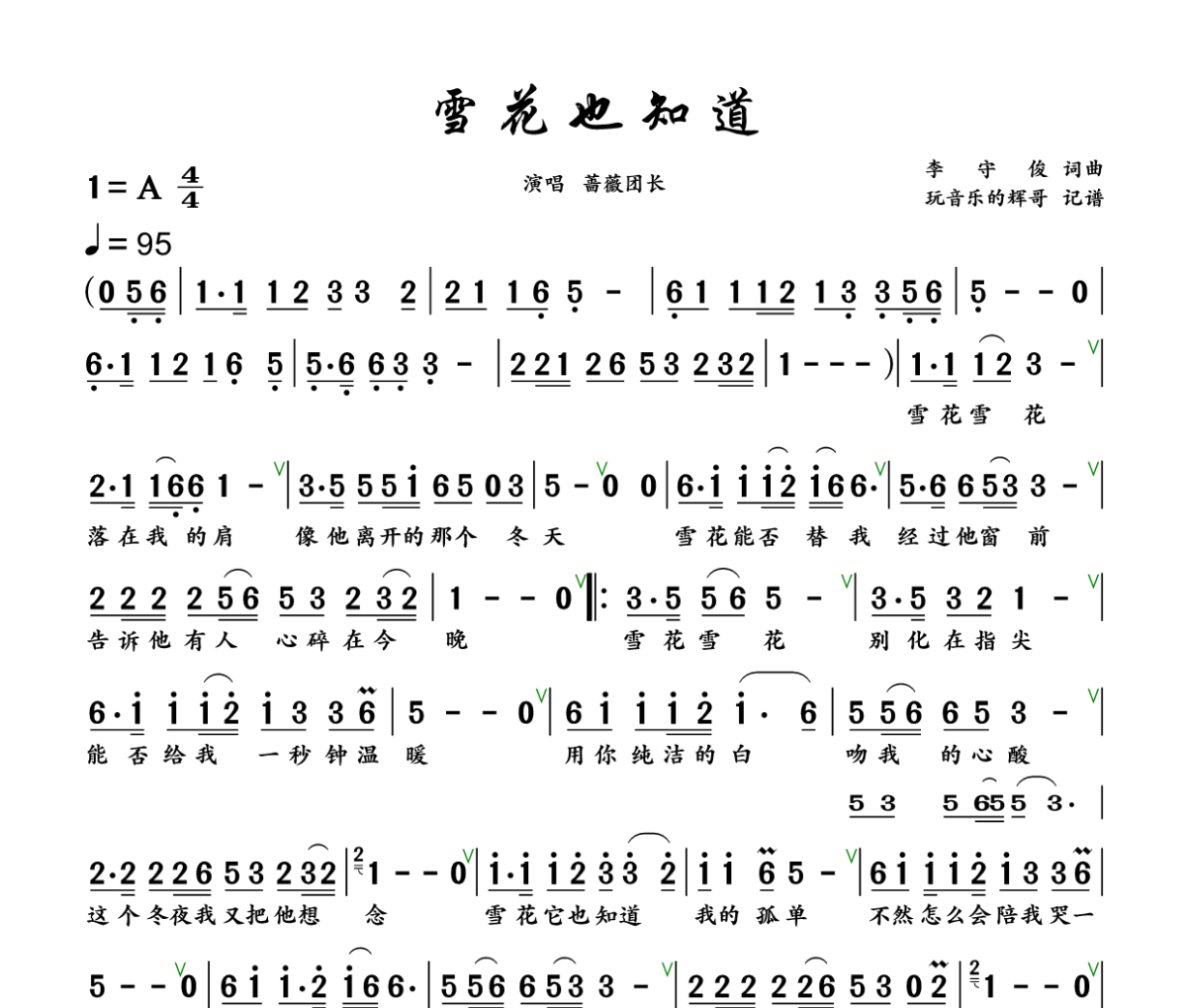 雪花也知道简谱 蔷薇团长《雪花也知道》简谱+动态视频A调