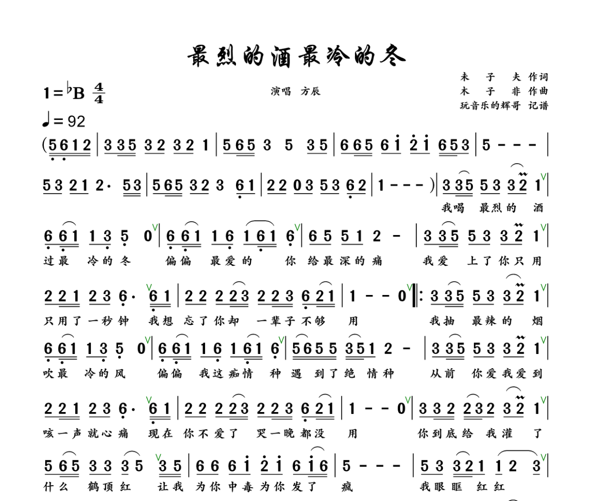 最烈的酒最冷的冬简谱 方辰《最烈的酒最冷的冬》简谱+动态视频降B调