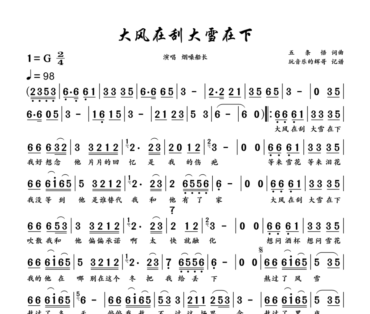 大风在刮大雪在下简谱 烟嗓船长《大风在刮大雪在下》简谱+动态视频G调