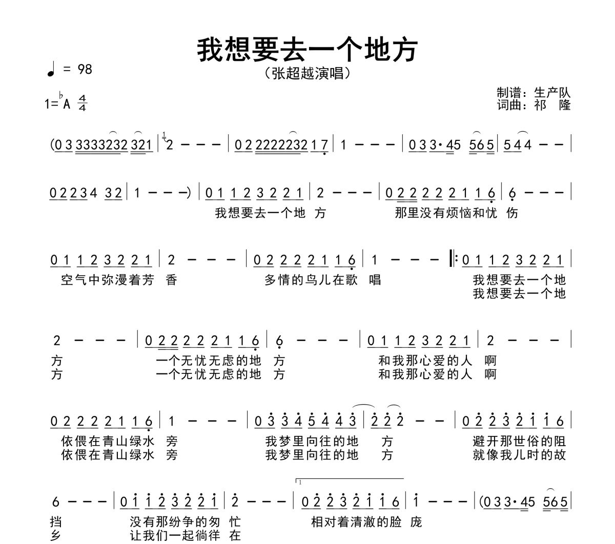 我想要去一个地方简谱 张超越《我想要去一个地方》简谱降A调