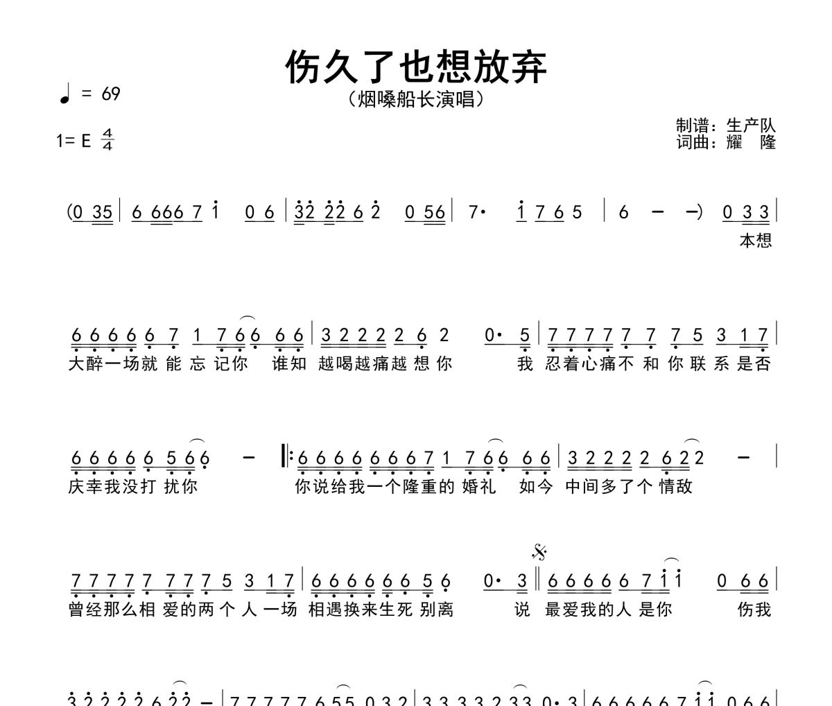 伤久了也想放弃简谱 烟嗓船长《伤久了也想放弃》简谱E调