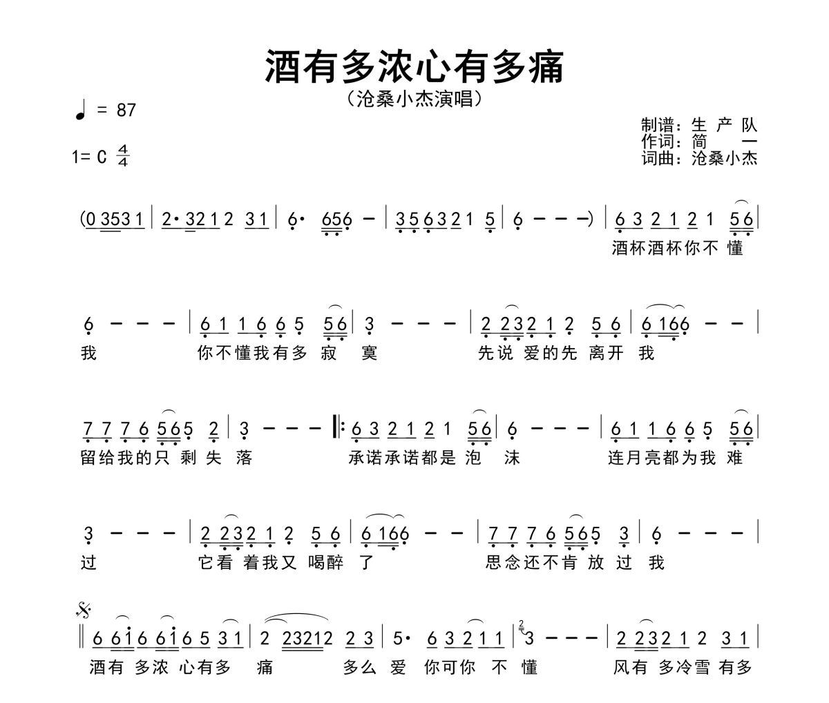 酒有多浓心有多痛简谱 沧桑小杰《酒有多浓心有多痛》简谱C调