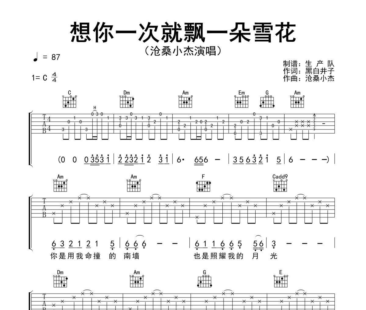 想你一次就飘一朵雪花吉他谱 沧桑小杰《想你一次就飘一朵雪花》六线谱C调吉他谱