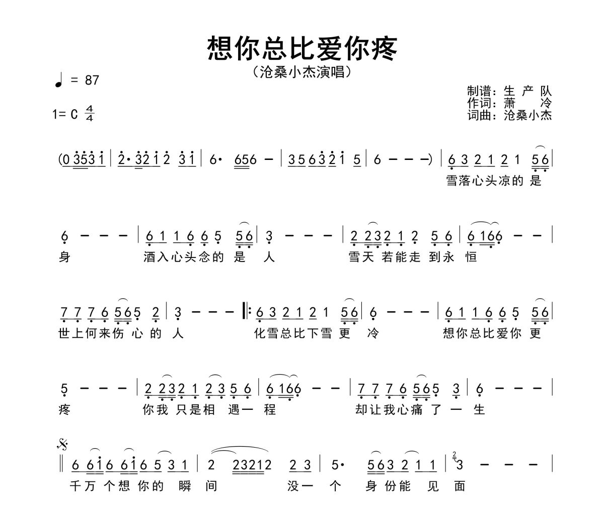 想你总比爱你疼简谱 沧桑小杰《想你总比爱你疼》简谱C调