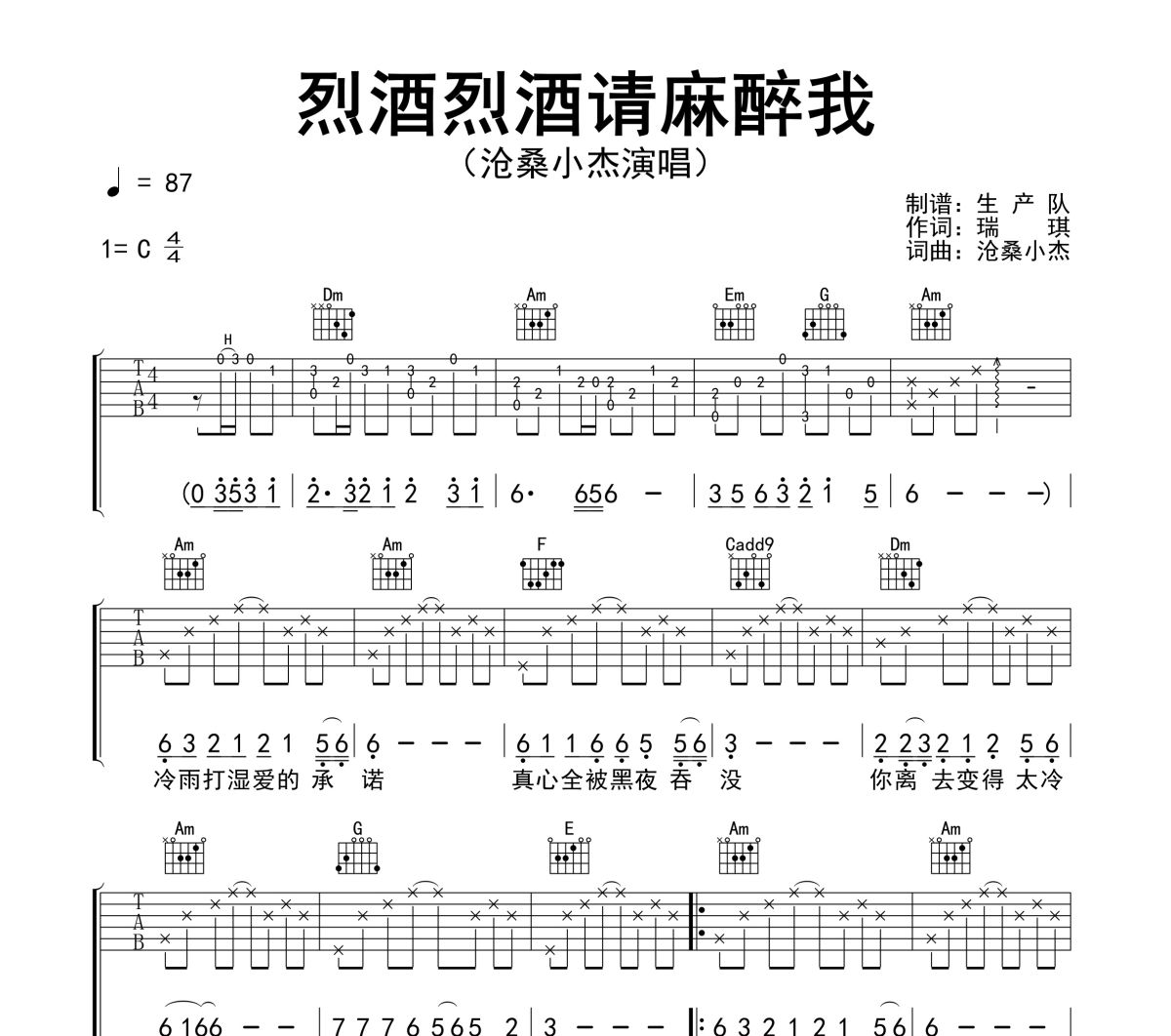 烈酒烈酒请麻醉我吉他谱 沧桑小杰《烈酒烈酒请麻醉我》六线谱C调吉他谱