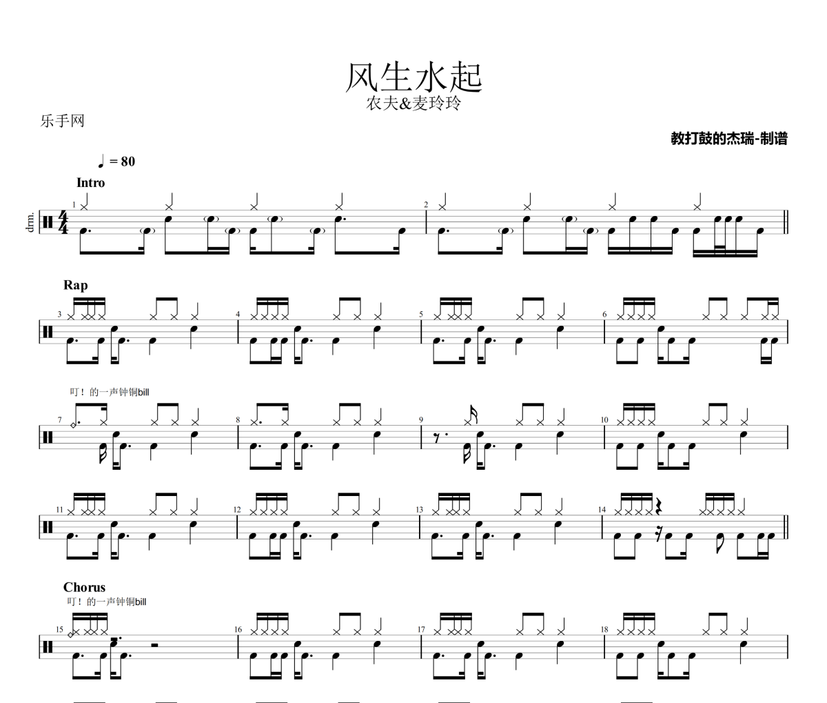 风生水起鼓谱 农夫&麦玲玲《风生水起》架子鼓|爵士鼓|鼓谱