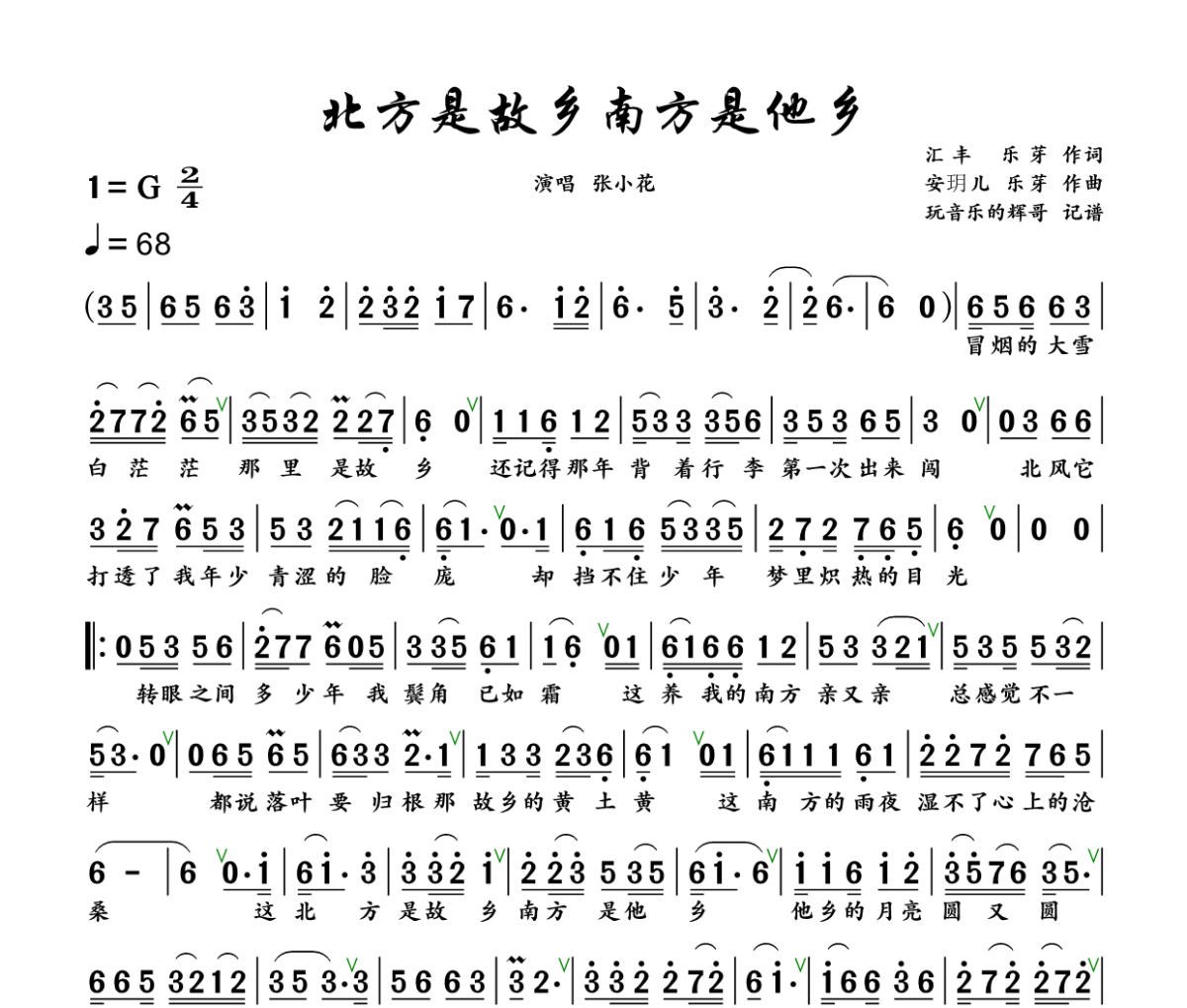 北方是故乡南方是他乡简谱 张小花《北方是故乡南方是他乡》简谱+动态视频G调