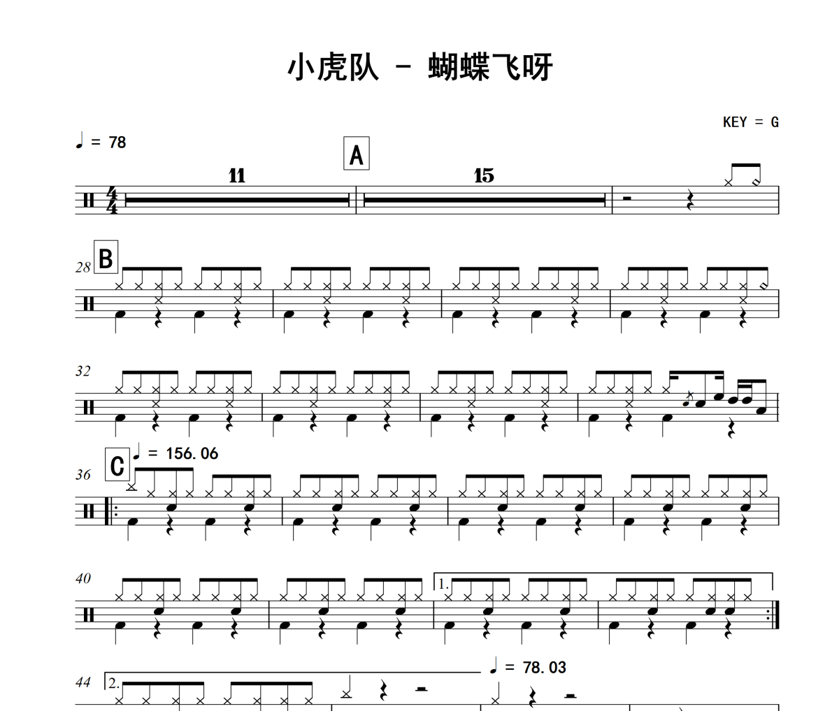 蝴蝶飞呀鼓谱 小虎队《蝴蝶飞呀》架子鼓|爵士鼓|鼓谱
