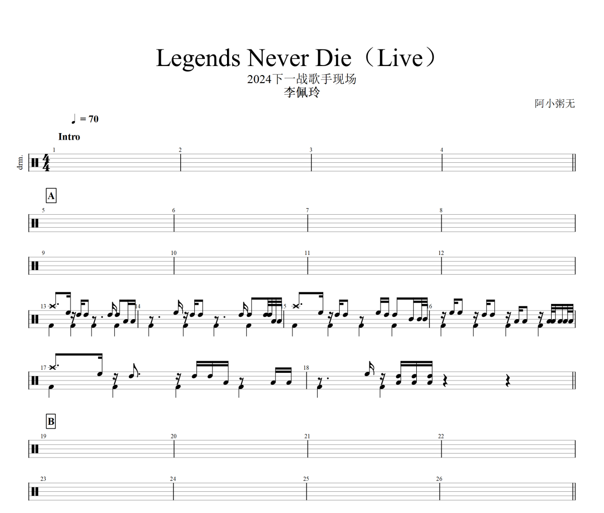 Legends Never Die 鼓谱 李佩玲《Legends Never Die 》(李佩玲)架子鼓|爵士鼓|鼓谱