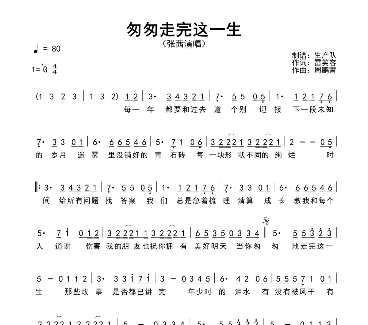 匆匆走完这一生简谱 张茜《匆匆走完这一生》简谱