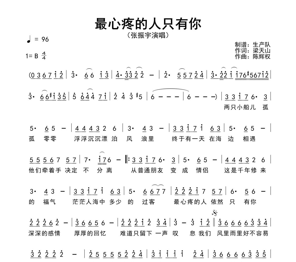 最心疼的人只有你简谱 张振宇《最心疼的人只有你》简谱B调