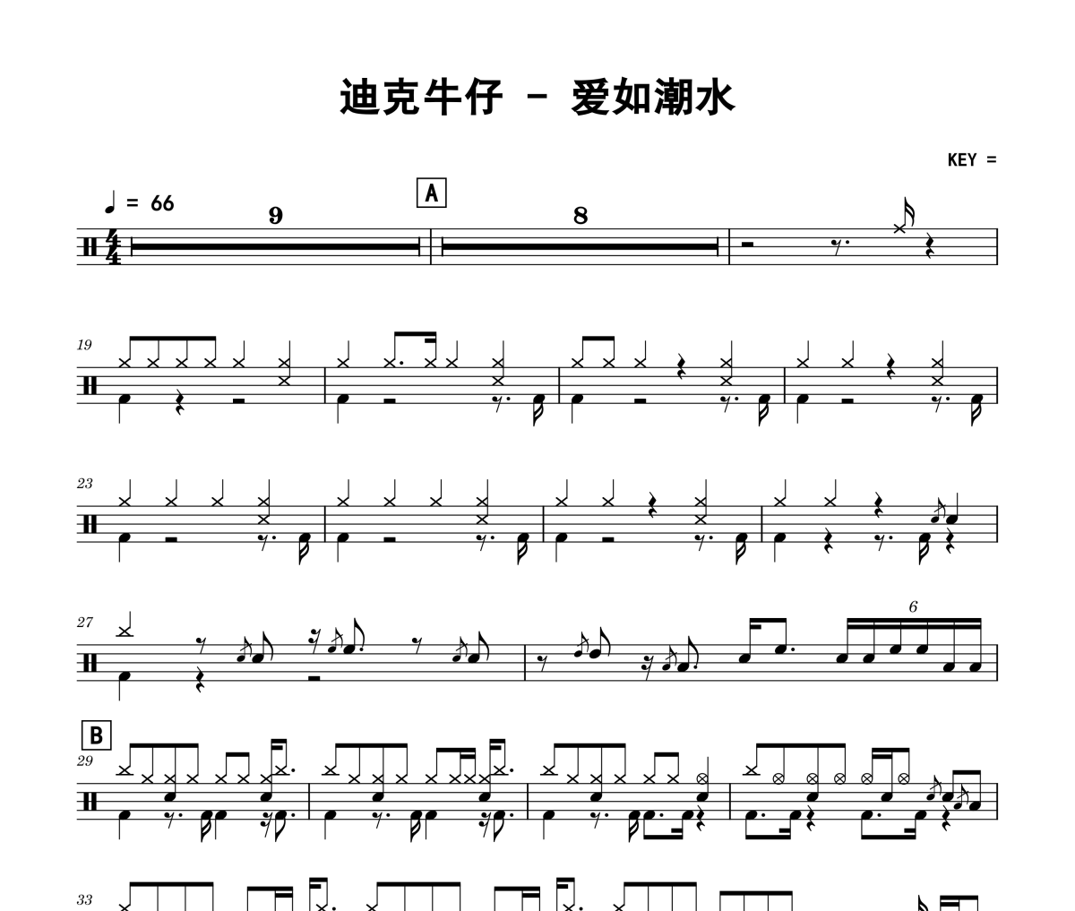 爱如潮水鼓谱 迪克牛仔《爱如潮水》架子鼓|爵士鼓|鼓谱