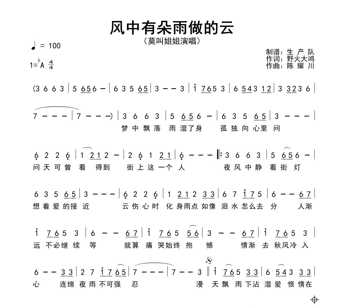 风中有朵雨做的云简谱 莫叫姐姐《风中有朵雨做的云》(粤语版)简谱降A调