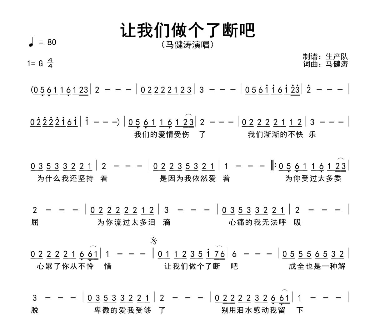 让我们做个了断吧简谱 马健涛《让我们做个了断吧》简谱G调