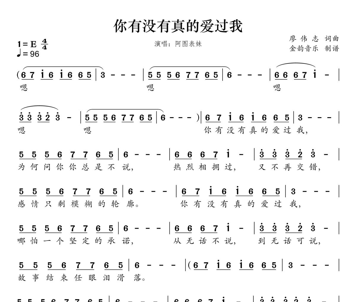 你有没有真的爱过我简谱 阿图表妹《你有没有真的爱过我》简谱E调
