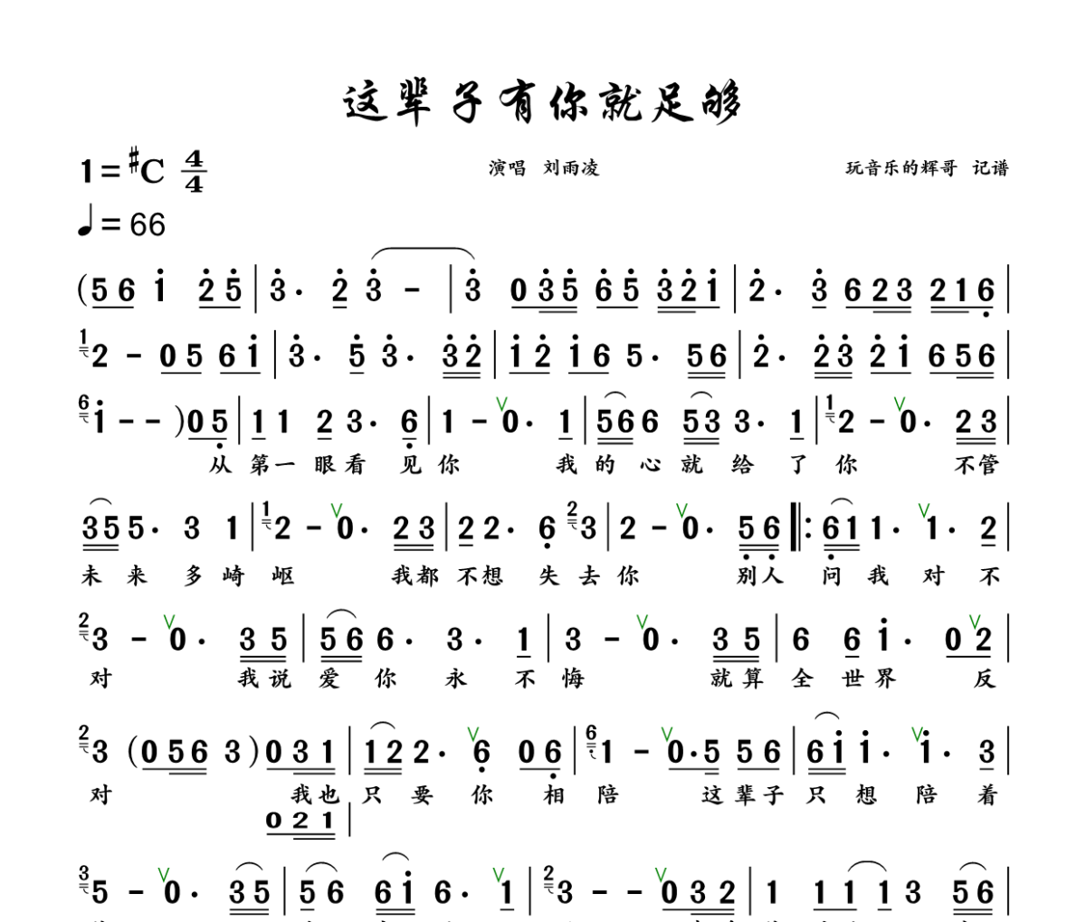 这辈子有你就足够简谱 刘雨凌《这辈子有你就足够》简谱+动态视频升C调