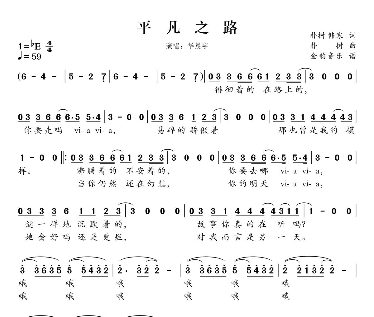 平凡之路简谱 华晨宇《平凡之路》简谱降E调