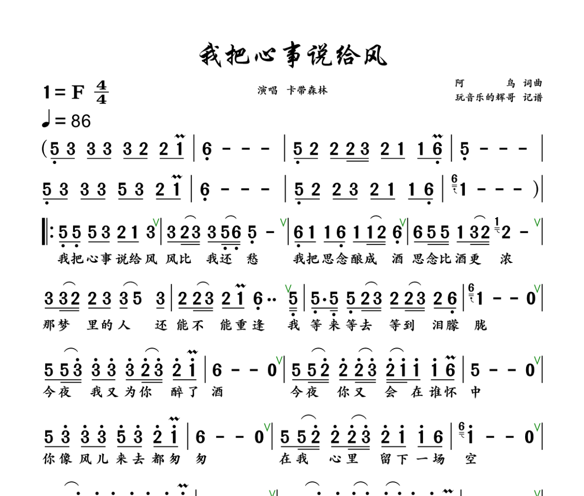 我把心事说给风简谱 卡带森林《我把心事说给风》简谱+动态视频F调