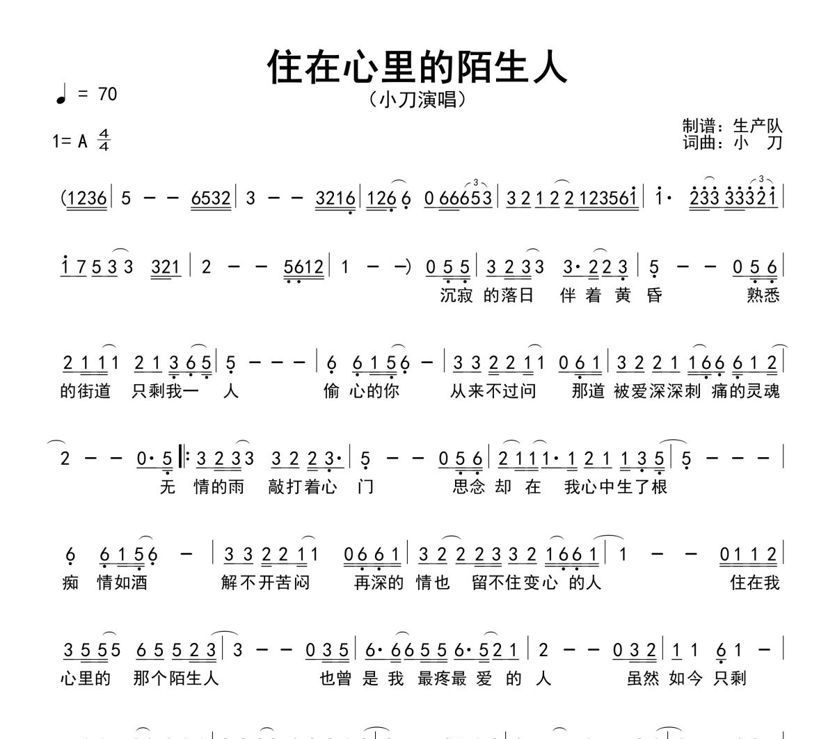住在心里的陌生人简谱 小刀《住在心里的陌生人》简谱A调