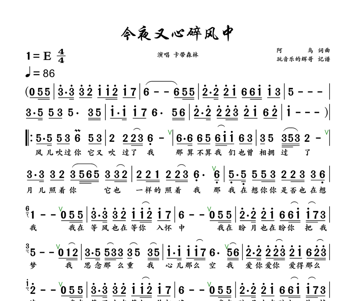 今夜又心碎风中简谱 卡带森林《今夜又心碎风中》简谱+动态视频E调