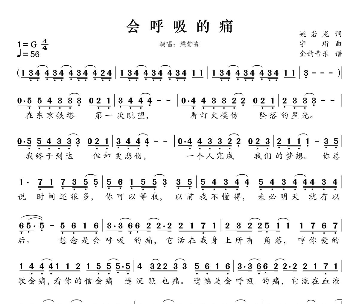 会呼吸的痛简谱 梁静茹《会呼吸的痛》简谱G调
