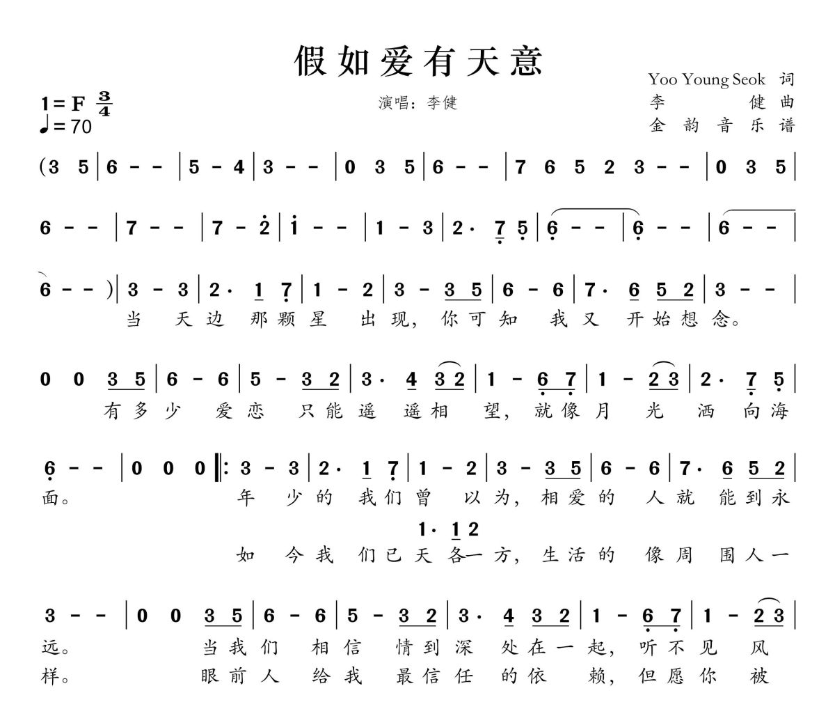 假如爱有天意简谱 李健《假如爱有天意》简谱F调
