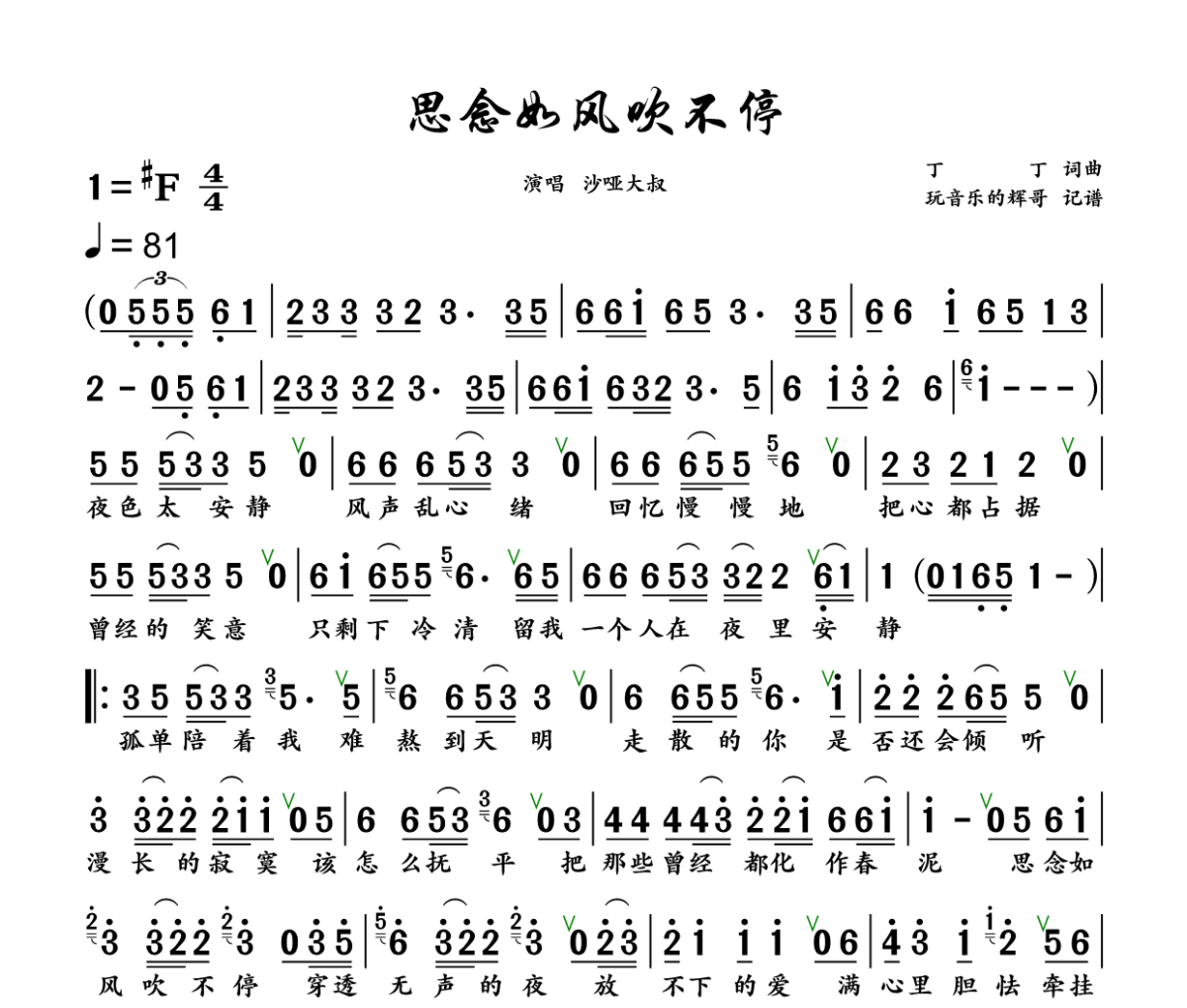 思念如风吹不停简谱 沙哑大叔《思念如风吹不停》简谱+动态视频升F调