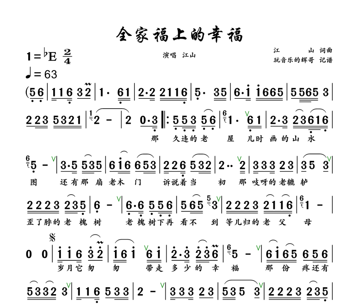 全家福上的幸福简谱 江山《全家福上的幸福》简谱+动态视频降E调