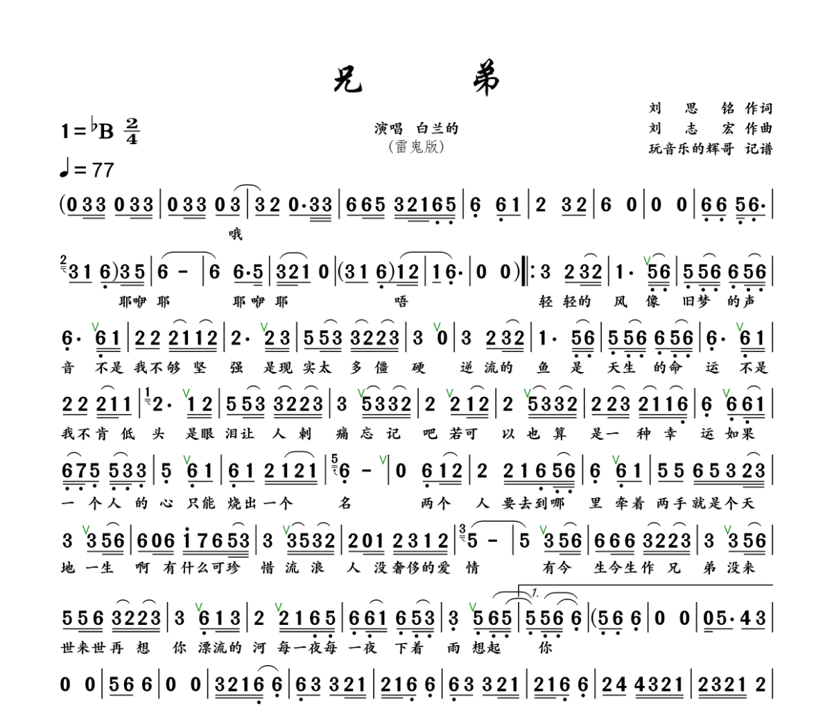 兄弟 简谱 白兰的《兄弟 》(雷鬼版)简谱+动态视频降B调
