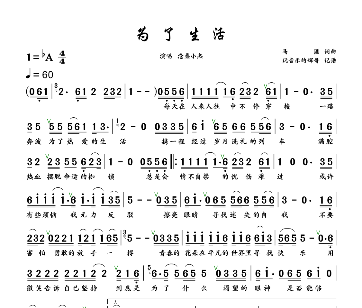 为了生活简谱 沧桑小杰《为了生活》简谱+动态视频降A调