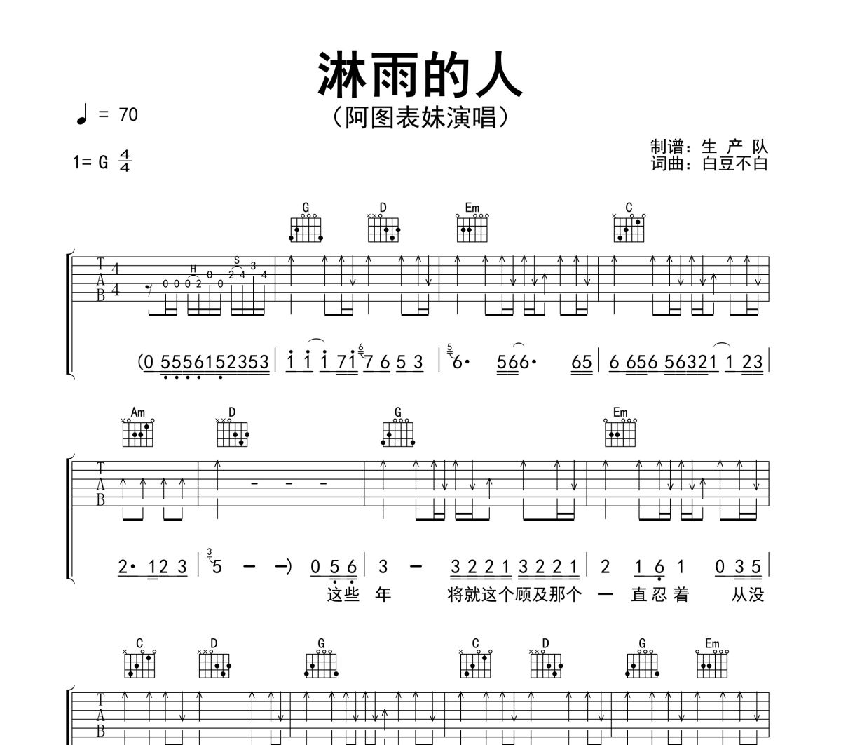 淋雨的人吉他谱 阿图表妹《淋雨的人》六线谱G调吉他谱
