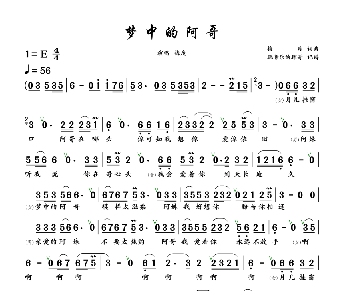 梦中的阿哥简谱 梅度《梦中的阿哥》简谱+动态视频E调