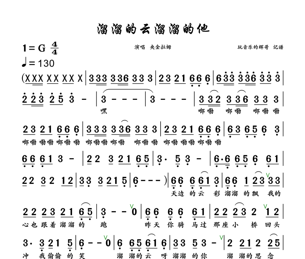 溜溜的云溜溜的他简谱 央金拉姆《溜溜的云溜溜的他》简谱+动态视频G调