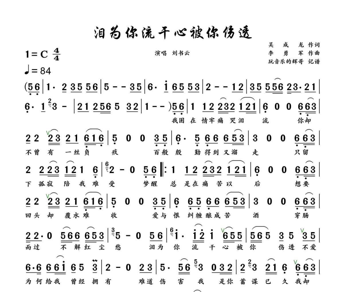 泪为你流干心被你伤透简谱 刘书云《泪为你流干心被你伤透》简谱+动态视频C调