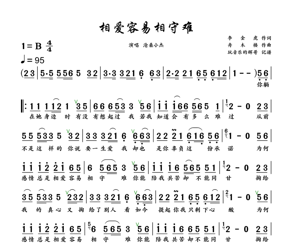相爱容易相守难 简谱 沧桑小杰《相爱容易相守难 》(摇摆版)简谱+动态视频B调