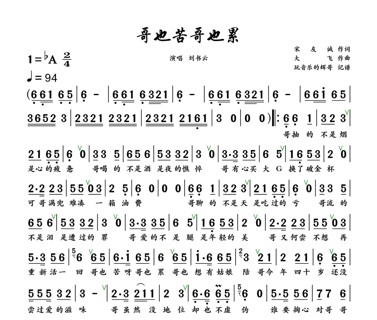 哥也苦哥也累简谱 刘书云《哥也苦哥也累》简谱+动态视频降A调