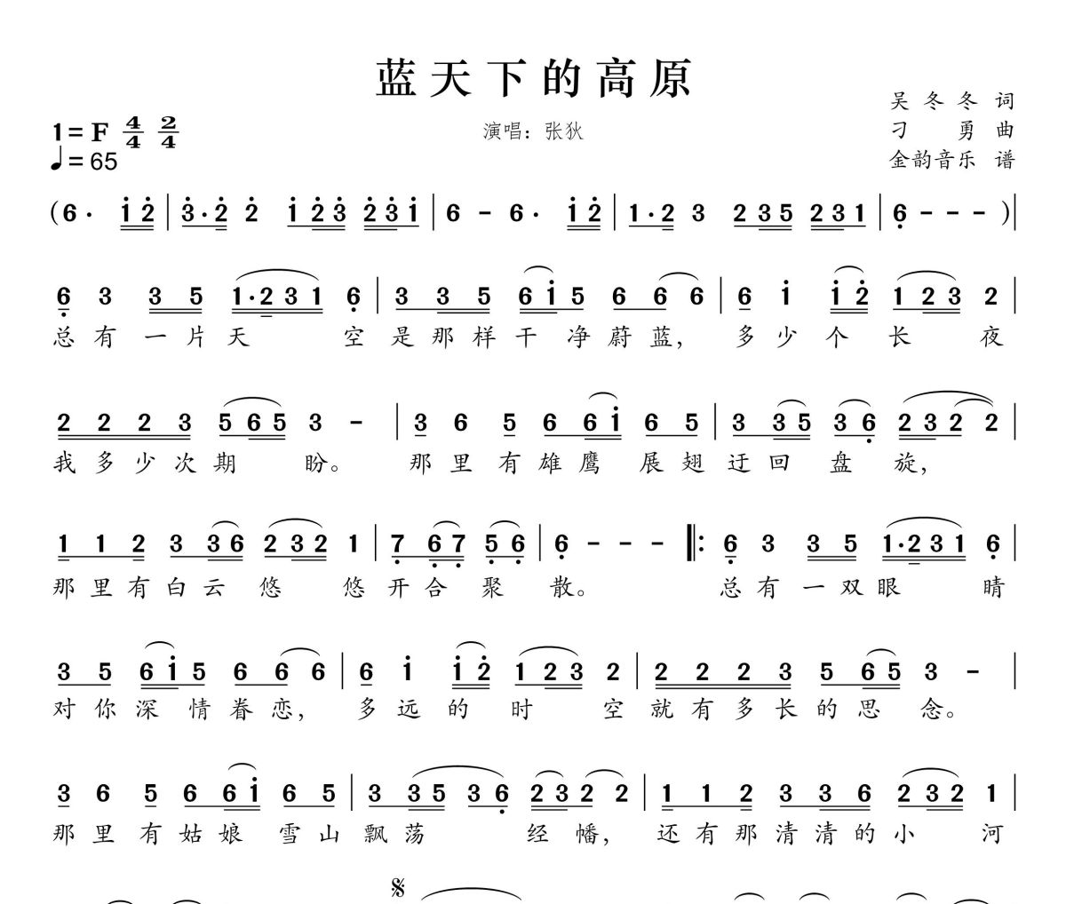 蓝天下的高原简谱 张狄《蓝天下的高原》简谱F调
