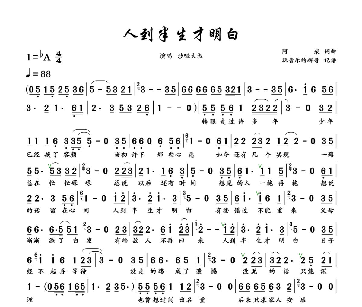 人到半生才明白简谱 沙哑大叔《人到半生才明白》简谱+动态视频降A调