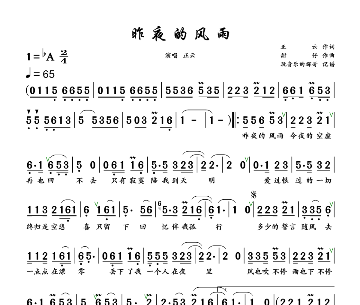 昨夜的风雨简谱 正云《昨夜的风雨》简谱+动态视频降A调
