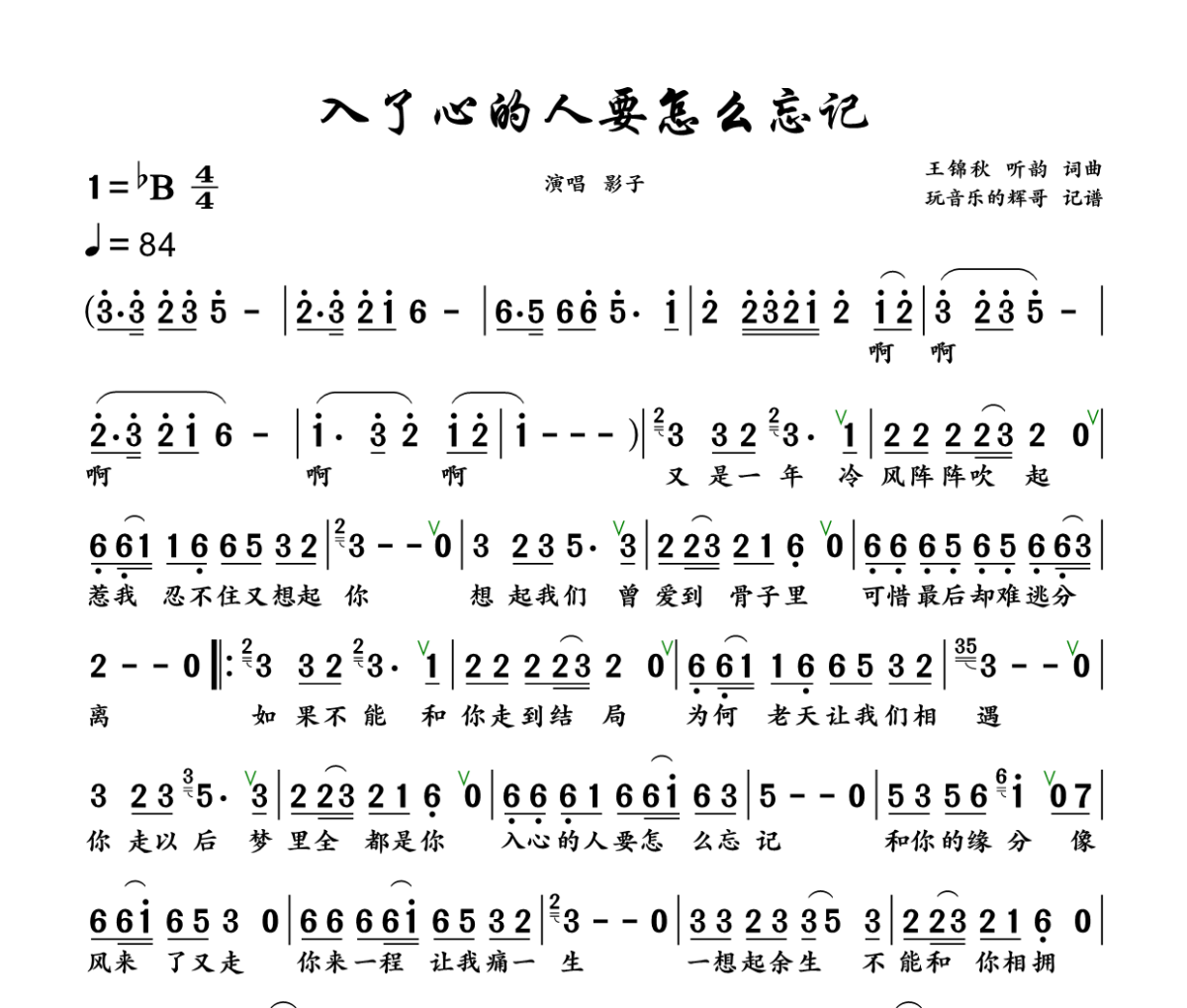 入了心的人要怎么忘记简谱 影子《入了心的人要怎么忘记》简谱+动态视频降B调